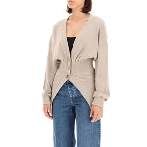 Alexander Wang Oversized V-Neck Oatmeal Beige Smocked Waist Cardigan Small